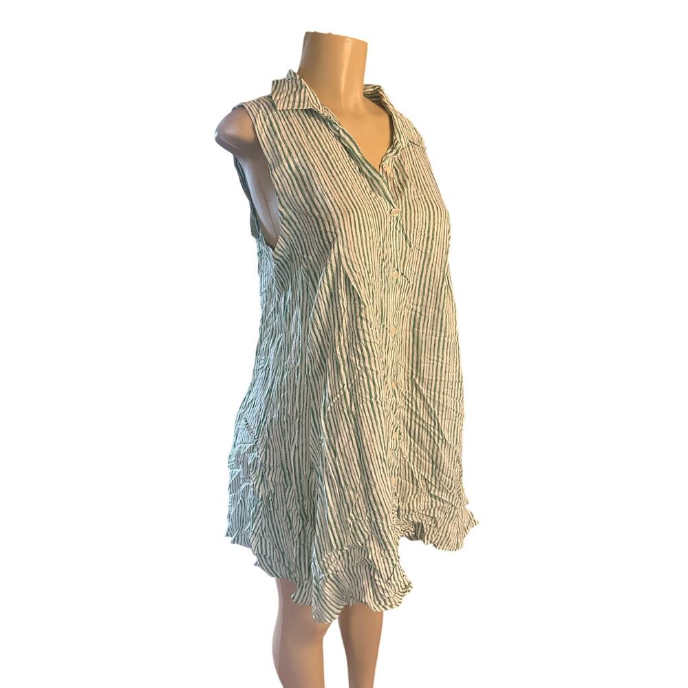L Anthropologie 11-1-Tylho Green Stripe Button Blouse Shirt Tunic Dress Top